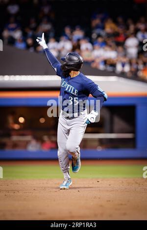 Sep 02, 2023; New York City, New York, USA; Seattle Mariners DH Teoscar Hernandez (35) hits solo homer to center in the fourth inning against the New York Mets at Citi Field. (Ariel Fox/Image of Sport) Stock Photo