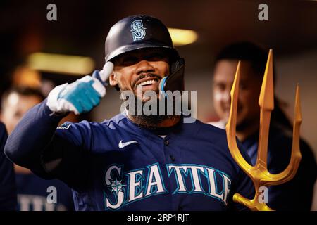 Sep 02, 2023; New York City, New York, USA; Seattle Mariners DH Teoscar Hernandez (35) hits solo homer to center in the fourth inning against the New York Mets at Citi Field. (Ariel Fox/Image of Sport) Stock Photo