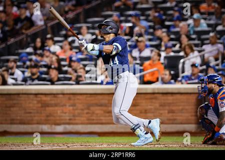 Sep 02, 2023; New York City, New York, USA; Seattle Mariners center fielder Julio Rodriguez (44) hits a triple to center field in the third inning against the New York Mets at Citi Field. (Ariel Fox/Image of Sport) Stock Photo