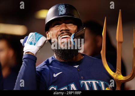 Sep 02, 2023; New York City, New York, USA; Seattle Mariners DH Teoscar Hernandez (35) hits solo homer to center in the fourth inning against the New York Mets at Citi Field. (Ariel Fox/Image of Sport) Stock Photo