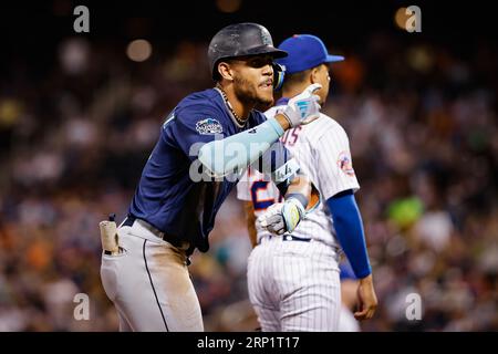 Sep 02, 2023; New York City, New York, USA; Seattle Mariners center fielder Julio Rodriguez (44) hits a triple to center field in the third inning against the New York Mets at Citi Field. (Ariel Fox/Image of Sport) Stock Photo