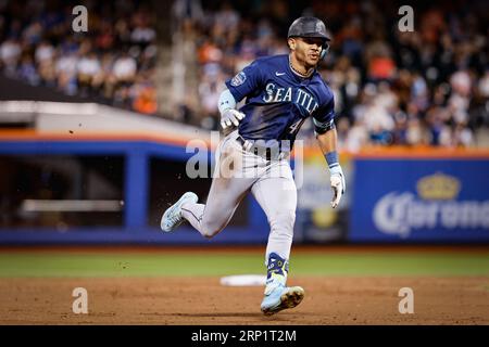 Sep 02, 2023; New York City, New York, USA; Seattle Mariners center fielder Julio Rodriguez (44) hits a triple to center field in the third inning against the New York Mets at Citi Field. (Ariel Fox/Image of Sport) Stock Photo