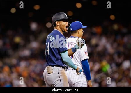 Sep 02, 2023; New York City, New York, USA; Seattle Mariners center fielder Julio Rodriguez (44) hits a triple to center field in the third inning against the New York Mets at Citi Field. (Ariel Fox/Image of Sport) Stock Photo