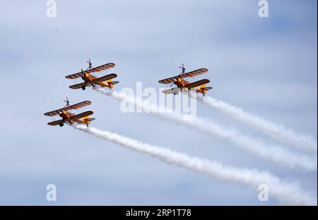 (180723) -- FARNBOROUGH, July 23, 2018 -- The Breitling Wingwalkers team perform at the Farnborough International Airshow, south west of London, Britain on July 22, 2018. ) (gj) BRITAIN-FARNBOROUGH-AIRSHOW HanxYan PUBLICATIONxNOTxINxCHN Stock Photo