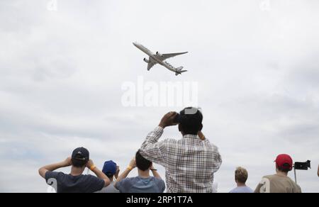 (180723) -- FARNBOROUGH, July 23, 2018 -- An Airbus A350-1000 XWB passenger aircraft performs in a flying display at the Farnborough International Airshow, south west of London, Britain on July 22, 2018. ) (gj) BRITAIN-FARNBOROUGH-AIRSHOW HanxYan PUBLICATIONxNOTxINxCHN Stock Photo