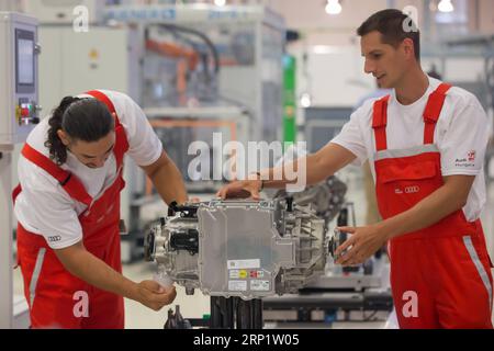 (180725) -- GYOR, July 25, 2018 -- Workers check an electric engine at an Audi factory in Gyor, northwestern Hungary on July 24, 2018. German carmaker Audi launched the serial production of electric engines at its construction plant in Gyor on Tuesday, Hungarian news agency MTI reported. ) (djj) HUNGARY-GYOR-AUDI-ELECTRIC ENGINES-SERIAL PRODUCTION AttilaxVolgyi PUBLICATIONxNOTxINxCHN Stock Photo