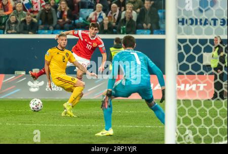 Saint Petersburg, Russia – November 16, 2019. Belgium defender Toby Alderweireld and Russia midfielder Zelimkhan Bakaev during UEFA Euro 2020 qualific Stock Photo