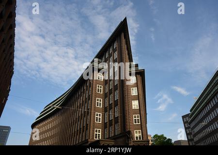 Hamburg, Germany - June 16 2023: Chilehaus or House of Chile Brick Expressionism Office Building Exterior. Stock Photo