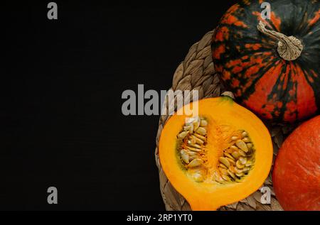 Autumn or fall flat lay composition, with pumpkins and copy space. Stock Photo