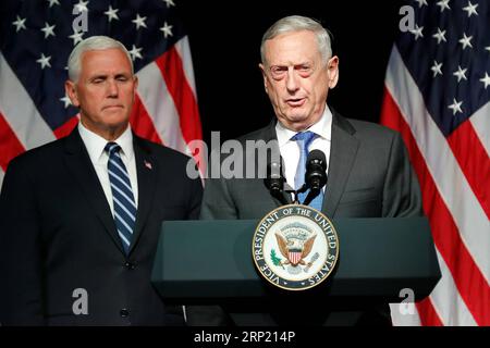 180810 -- WASHINGTON, Aug. 10, 2018 -- U.S. Defense Secretary James Mattis R introduces Vice President Mike Pence before he announces the Trump Administration s plan to establish the U.S. Space Force by 2020 at the Pentagon, Virginia, the United States on Aug. 9, 2018. U.S. Vice President Mike Pence said Thursday that the United States plans to establish a Space Force by 2020, an idea floated by President Donald Trump and questioned by many top officers at the Pentagon.  qxy U.S.-WASHINGTON-SPACE FORCE TingxShen PUBLICATIONxNOTxINxCHN Stock Photo