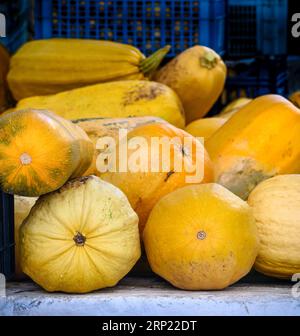 A variety of yellow squash for sale on a market stall in Arcadia, Peloponnese, Greece. Stock Photo