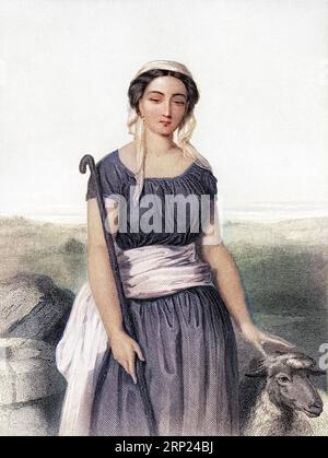 Raquel, was the wife of her cousin Jacob, mother of the patriarch Joseph and Benjamin. Genesis of the Bible. Old 19th century engraved colored illustration from Mugeres de la Biblia by Joaquin Roca y Cornet 1862 Stock Photo