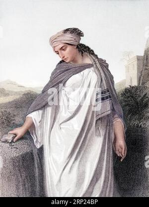 Zipporah, midianite wife of Moses and one of the seven daughters of Jethro, priest of Midian. Old 19th century engraved colored illustration from Mugeres de la Biblia by Joaquin Roca y Cornet 1862 Stock Photo