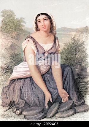 Abigail erail was a Calebite, Nabal's wife, and one of King David's wives. She with him she had a son, Chileab. Old 19th century engraved colored illustration from Mugeres de la Biblia by Joaquin Roca y Cornet 1862 Stock Photo