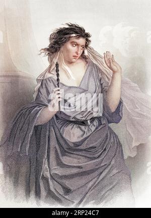 The Witch of Endor is a figure from the Bible, First Book of Samuel. Old 19th century engraved colored illustration from Mugeres de la Biblia by Joaquin Roca y Cornet 1862 Stock Photo