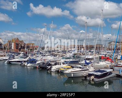 General view of boats in Premier Sovereign Harbour Marina & Boatyard, Eastbourne, East Sussex, UK. Stock Photo