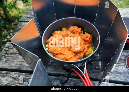 Chicken Tikka Masala, ready meal and fresh ingredients in a cooking pot, camping cooker with windbreak, gas cooker, outdoor cooking, outdoors Stock Photo