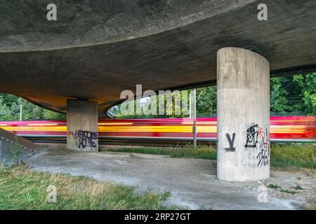 Regional train under a road bridge near Friedrichshafen, dynamic light track, Baden-Wuerttemberg, Germany Stock Photo