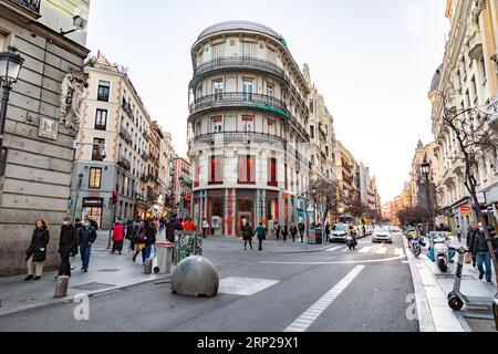 Madrid, Spain - FEB 16, 2022: Generic architecture and street view from Madrid, the capital of Spain. Stock Photo