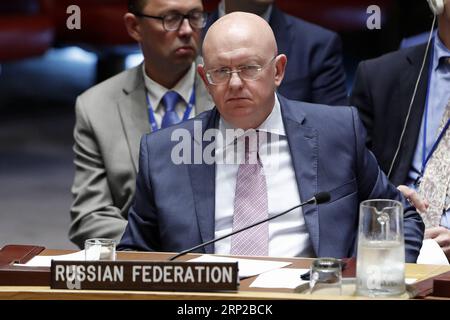 (180828) -- UNITED NATIONS, Aug. 28, 2018 -- Vassily Nebenzia (front), Russian Ambassador to the United Nations, attends a Security Council meeting at the UN headquarters in New York, Aug. 28, 2018. The humanitarian situation in various regions of Syria remains worrisome, John Ging, Director of Operations and Advocacy of the UN Office for the Coordination of Humanitarian Affairs, told the Security Council on Tuesday. ) UN-SECURITY COUNCIL-SYRIA-HUMANITARIAN SITUATION LixMuzi PUBLICATIONxNOTxINxCHN Stock Photo