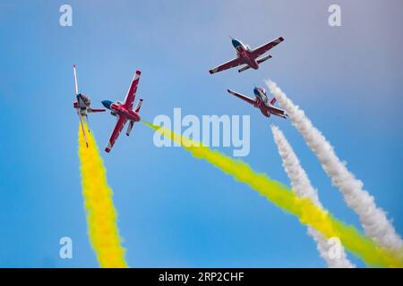 (180830) -- CHANGCHUN, Aug. 30, 2018 -- Red Falcon Air Demonstration Team performs during an activity of opening day at the Aviation University of Air Forces in Changchun, capital of northeast China s Jilin Province, Aug. 30, 2018. ) (mp) CHINA-CHANGCHUN-AIR FORCE-PERFORMANCE (CN) YangxPan PUBLICATIONxNOTxINxCHN Stock Photo