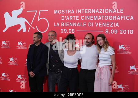 180831 -- VENICE, Aug. 31, 2018 -- Guillaume Canet, Olivier Assayas, Nora Hamzawi, Vincent Macaigne and Christa Theret L to R attend Doubles Vies photocall during the 75th Venice International Film Festival at Sala Casino, Venice, Italy, Aug. 31, 2018.  ITALY-VENICE-FILM FESTIVAL- DOUBLES VIES -PHOTOCALL ChengxTingting PUBLICATIONxNOTxINxCHN Stock Photo
