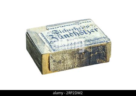 Old german matchbox, circa 1942, Czechowice, Poland. Isolated on white background. Sicherheits Zuendhoelzer impraegniert Zuendholzfabrik in Stock Photo