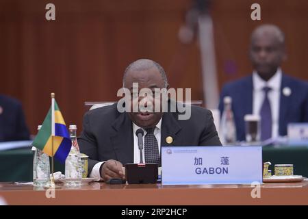 (180904) -- BEIJING, Sept. 4, 2018 -- Gabonese President Ali Bongo Ondimba attends a round table of the 2018 Beijing Summit of the Forum on China-Africa Cooperation (FOCAC) in Beijing, capital of China, Sept. 4, 2018. )(mcg) CHINA-BEIJING-FOCAC-ROUND TABLE (CN) LixXueren PUBLICATIONxNOTxINxCHN Stock Photo