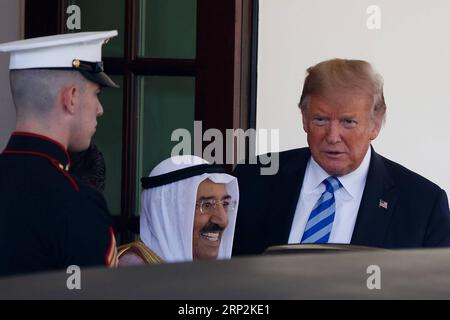 (180905) -- WASHINGTON, Sept. 5, 2018 -- U.S. President Donald Trump (R) bids farewell to Kuwaiti Emir Sheikh Sabah Al-Ahmad Al-Jaber Al-Sabah (C) after meeting at the White House in Washington D.C., the United States, Sept. 5, 2018. ) U.S.-WASHINGTON D.C.-EMIR OF KUWAIT-TRUMP-MEETING TingxShen PUBLICATIONxNOTxINxCHN Stock Photo