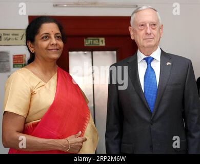 (180906) -- NEW DELHI, Sept. 6, 2018 () -- Indian Defence Minister Minister Nirmala Sitharaman (L) pose for a photo with US Secretary of Defense James Mattis (R) prior to their meeting in New Delhi, India, Sept. 6, 2018. India s External Affairs Minister Sushma Swaraj and Defence Minister Nirmala Sitharaman hold dialogue here on Thursday with their respective U.S. counterparts Secretary of State Mike Pompeo and Secretary of Defense James Mattis. (/Stringer) (yg) INDIA-NEW DELHI-U.S.-DIALOGUE Xinhua PUBLICATIONxNOTxINxCHN Stock Photo