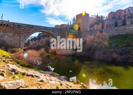 View from the Tagus river towards the historical center of Toledo, Spain. Stock Photo