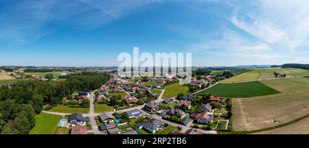 Drone image, agricultural landscape around the village of Neuhofen im Innkreis, in the background Ried im Innkreis, Innviertel, Upper Austria, Austria Stock Photo