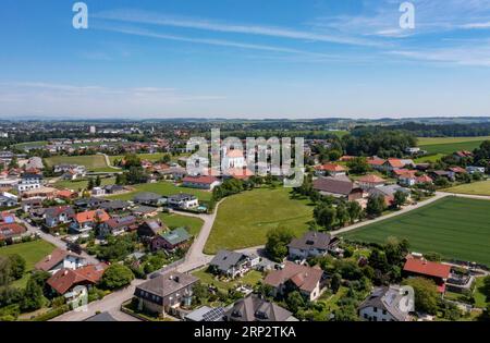 Drone image, agricultural landscape around the village of Neuhofen im Innkreis, in the background Ried im Innkreis, Innviertel, Upper Austria, Austria Stock Photo
