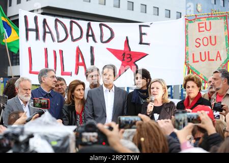 (180912) -- CURITIBA, Sept. 12, 2018 -- Fernando Haddad (C), ex-mayor of Sao Paulo and former minister of education, reacts during a ceremony to unveil his candidacy to Brazil s Presidency in Curitiba, Brazil, on Sept. 11, 2018. Brazil s left-leaning Workers Party (PT) on Tuesday officially substituted its initial presidential candidate, ex-president Luiz Inacio Lula da Silva, with a more viable alternative. Lula s running mate, Fernando Haddad, was unanimously elected to replace him, the PT s leader in the Chamber of Deputies, Jose Guimaraes, confirmed. /PR PRESS/AGENCIA ESTADO) (cr) (vf) *** Stock Photo