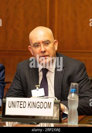 (180914)-- GENEVA, Sept. 14, 2018 -- UK Special Envoy to Syria Martin Longden attends a meeting, during the consultations on Syria, at the European headquarters of the United Nations in Geneva, Switzerland, Sept. 14, 2018. Representatives from Egypt, France, Germany, Jordan, Saudi Arabia, the United Kingdom and the United States, met with the UN Special Envoy of the Secretary-General for Syria on discussion situation in Syria on Friday. POOL/) SWITZERLAND-GENEVA-UN-SYRIA CONSULTATIONS XuxJinquan PUBLICATIONxNOTxINxCHN Stock Photo