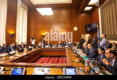 (180914)-- GENEVA, Sept. 14, 2018 -- Photo taken on Sept. 14, 2018 shows a meeting during the consultations on Syria in Geneva, Switzerland. Representatives from Egypt, France, Germany, Jordan, Saudi Arabia, the United Kingdom and the United States, met with the UN Special Envoy of the Secretary-General for Syria on discussion situation in Syria on Friday. POOL/) SWITZERLAND-GENEVA-UN-SYRIA CONSULTATIONS XuxJinquan PUBLICATIONxNOTxINxCHN Stock Photo