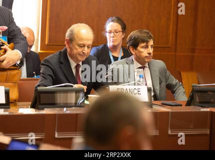 (180914)-- GENEVA, Sept. 14, 2018 -- France s Special Envoy for Syria Francois Semenaud (L) attends a meeting, during the consultations on Syria, at the European headquarters of the United Nations in Geneva, Switzerland, Sept. 14, 2018. Representatives from Egypt, France, Germany, Jordan, Saudi Arabia, the United Kingdom and the United States, met with the UN Special Envoy of the Secretary-General for Syria on discussion situation in Syria on Friday. POOL/) (lrz) SWITZERLAND-GENEVA-UN-SYRIA CONSULTATIONS XuxJinquan PUBLICATIONxNOTxINxCHN Stock Photo