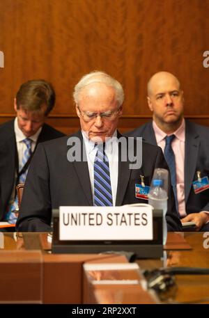 (180914)-- GENEVA, Sept. 14, 2018 -- U.S. special envoy for Syria James Jeffrey attends a meeting, during the consultations on Syria, at the European headquarters of the United Nations in Geneva, Switzerland, Sept. 14, 2018. Representatives from Egypt, France, Germany, Jordan, Saudi Arabia, the United Kingdom and the United States, met with the UN Special Envoy of the Secretary-General for Syria on discussion situation in Syria on Friday. POOL/) SWITZERLAND-GENEVA-UN-SYRIA CONSULTATIONS XuxJinquan PUBLICATIONxNOTxINxCHN Stock Photo