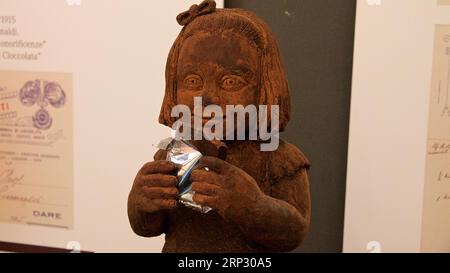 Sculpture of a girl made of chocolate, chocolate museum, Modica, baroque city, baroque angle, southeast, Sicily, Italy Stock Photo