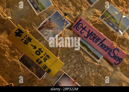 (180917) -- PINGTAN, Sept. 17, 2018 -- Handicrafts made by Taiwanese are displayed at the art zone of Rocks Can Sing in Beigang Village of Pingtan County, southeast China s Fujian Province, Sept. 7, 2018. When tourists get close to Rocks Can Sing, they may see artists playing music with the rocks, and people sipping coffee in rock houses. Rocks Can Sing is an art project which takes in accommodation, live music, restaurant, cafe and souvenir store. Now, a total of 10 young people from the mainland and Taiwan, including Taiwanese Lin I Chen and her boyfriend Liao Che Wei, work for the art proje Stock Photo