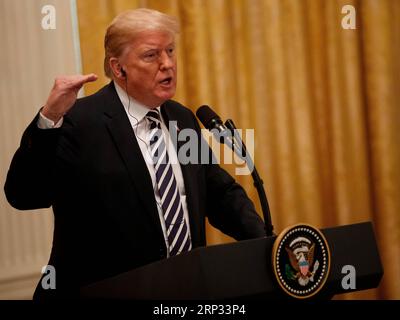 (180919) -- WASHINGTON D.C., Sept. 19, 2018 -- U.S. President Donald Trump addresses a joint press conference with visiting Polish President Andrzej Duda (unseen) at the White House in Washington D.C. Sept. 18, 2018. Donald Trump said on Tuesday that the U.S. was weighing the idea of establishing a permanent military base in Poland, a proposal raised by the visiting Polish leader. ) (jmmn) U.S.-WASHINGTON D.C.-POLAND S PRESIDENT-VISIT TingxShen PUBLICATIONxNOTxINxCHN Stock Photo