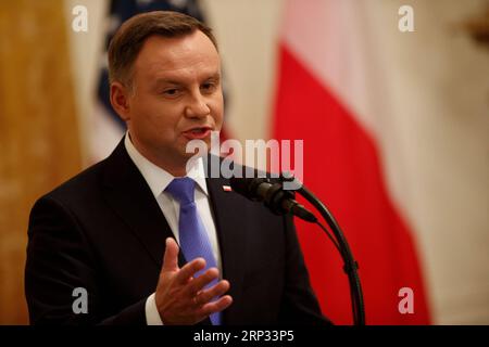 (180919) -- WASHINGTON D.C., Sept. 19, 2018 -- Polish President Andrzej Duda addresses a joint press conference with U.S. President Donald Trump (unseen) at the White House in Washington D.C. Sept. 18, 2018. Donald Trump said on Tuesday that the U.S. was weighing the idea of establishing a permanent military base in Poland, a proposal raised by the visiting Polish leader. ) (jmmn) U.S.-WASHINGTON D.C.-POLAND S PRESIDENT-VISIT TingxShen PUBLICATIONxNOTxINxCHN Stock Photo