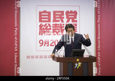 (180920) -- TOKYO, Sept. 20, 2018 -- Japanese Prime Minister Shinzo Abe attends a press conference after winning a third consecutive term as president of the ruling Liberal Democratic Party (LDP) in Tokyo, Japan, on Sept. 20, 2018. ) (dh) JAPAN-TOKYO-ABE-LDP DuxXiaoyi PUBLICATIONxNOTxINxCHN Stock Photo