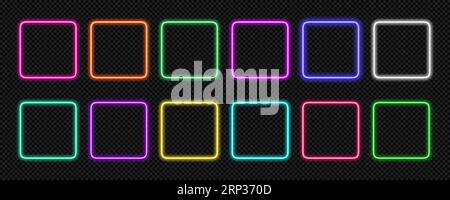 Neon frame square set. Glowing coloful rounded rectangle borders ...