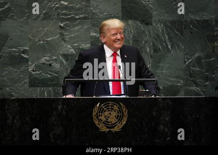 (180925) -- UNITED NATIONS, Sept. 25, 2018 -- U.S. President Donald Trump addresses the General Debate of the 73rd session of the UN General Assembly at the UN Headquarters in New York, Sept. 25, 2018. ) (yg) UN-73RD GENERAL ASSEMBLY-GENERAL DEBATE LixMuzi PUBLICATIONxNOTxINxCHN Stock Photo