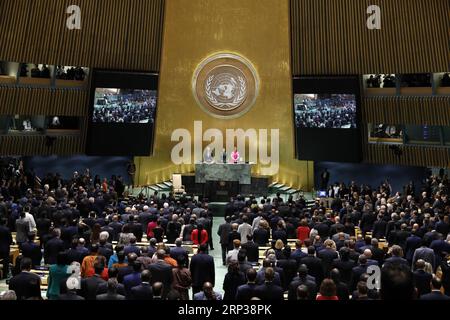 (180925) -- UNITED NATIONS, Sept. 25, 2018 -- The United Nations General Assembly observes a moment of silence for the late UN Secretary-General Kofi Annan during the opening of the General Debate of the 73rd session of the United Nations General Assembly at the UN Headquarters in New York, Sept. 25, 2018. ) (yg) UN-73RD GENERAL ASSEMBLY-GENERAL DEBATE LixMuzi PUBLICATIONxNOTxINxCHN Stock Photo