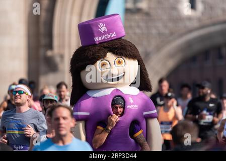 Tower Bridge, London, UK. 3rd Sep, 2023. The Big Half is a 13.1-mile half marathon taking in a number of the London Marathon locations, including crossing Tower Bridge. Many top long-distance athletes are among around 15,000 people taking part. Many participants ran for charities Stock Photo