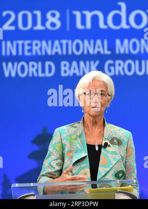 (181002) -- WASHINGTON D.C., Oct. 2, 2018 -- Christine Lagarde, managing director of the International Monetary Fund (IMF), delivers a speech in Washington D.C., the United States, on Oct. 1, 2018. Lagarde on Monday called on economies around the world to de-escalate and resolve the current trade disputes , as global economic growth outlook has dimmed. ) (djj) U.S.-WASHINGTON D.C.-IMF-CHRISTINE LAGARDE LiuxJie PUBLICATIONxNOTxINxCHN Stock Photo