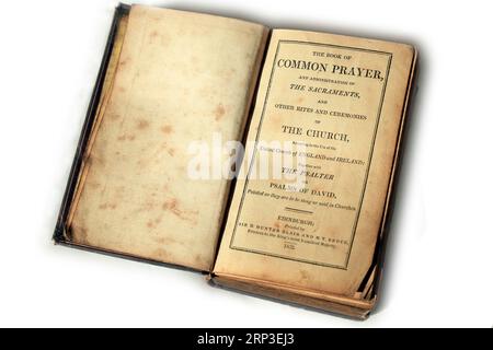 Title page of an old copy of The Book of Common Prayer. Book cover, studio set up. Stock Photo
