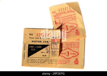 Post - war fuel ration coupons uk. (Suez crisis petrol coupons) Stock Photo